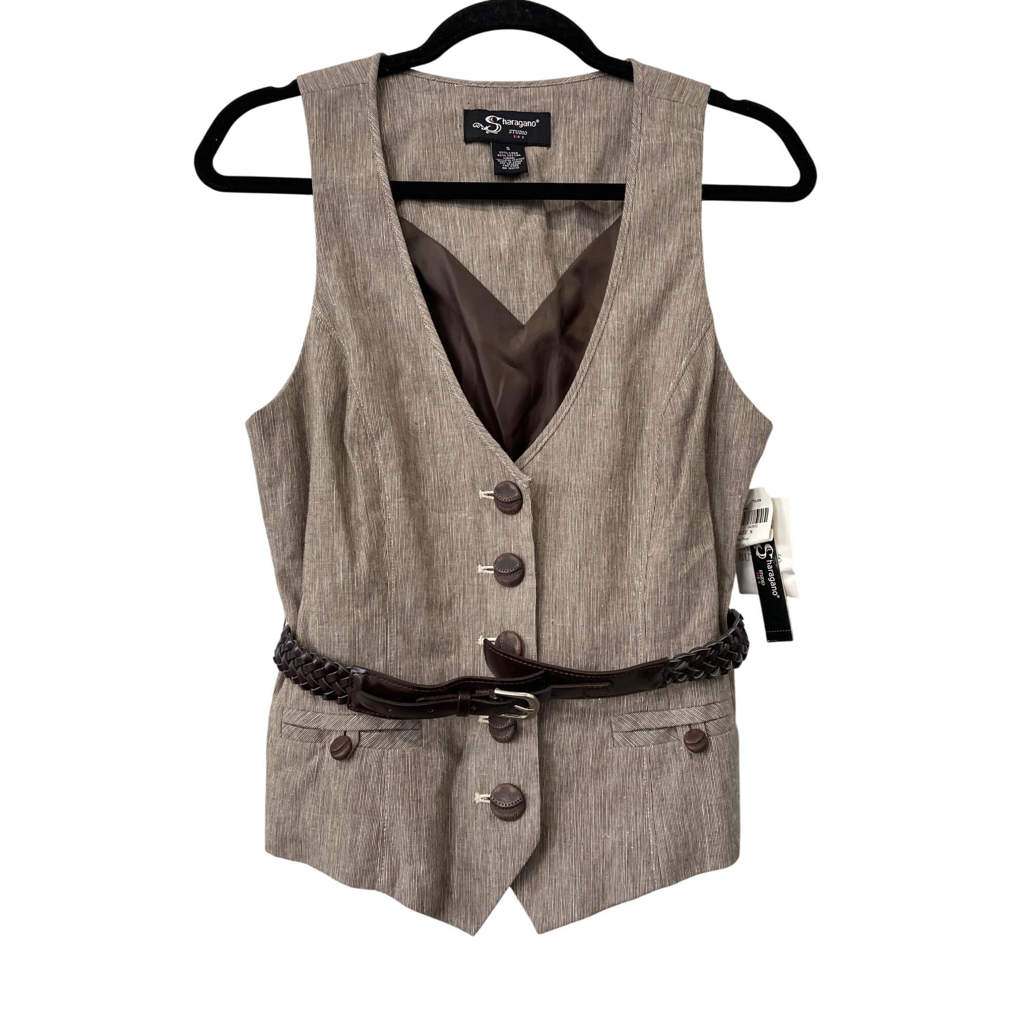 Vintage 90s Sharagano Studio Vest Belted Button Size Small Linen