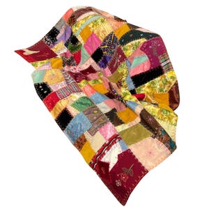 Vintage 1964 Handmade Patchwork Crazy Quilt Embroidery Satin Backing Colorful