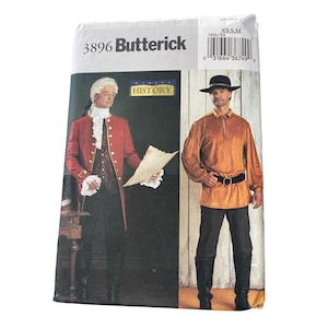 May include: A Butterick sewing pattern packet featuring two historical costume designs. One design is a red coat with a white ruffled shirt and the other is a tan shirt with black pants and boots. The packet has the number 3896.