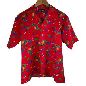 Vintage 90s Tropical Button Down Shirt Short Sleeve Collared Red Size Medium Tiki