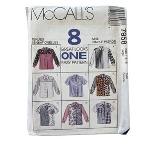 May include: A McCall's sewing pattern for eight different shirt designs. The pattern features various shirt styles, including striped, patterned, and solid-colored options. The package includes the text "Great Looks One Easy Pattern" and size information.