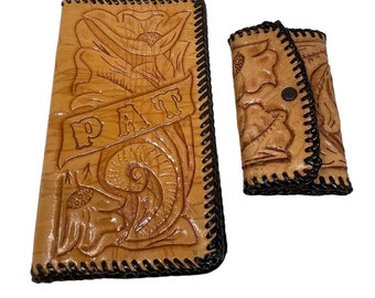 PAT 60's 2-Piece Tooled Leather Keychain Checkbook Holder Set Floral Braided Edgework