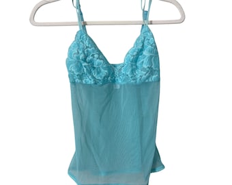 Y2K Delicates  Camisole Size Small Floral Lace Mesh Light Blue Sheer Intimate