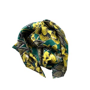 Vintage Floral Square Scarf Green Lightweight Boho Hippie Neck Wrap Bandana
