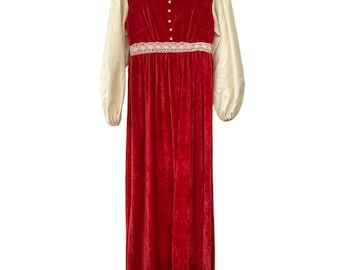 Sukienka maxi z lat 70. Milkmaid Renaissance Velvet z długim rękawem, rozmiar 11, koronkowe wykończenie
