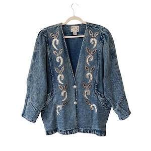 Vintage 80s Dallas Embellished Denim Jacket Womens Large Blue Sequin Retro Bling