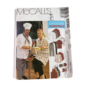 May include: McCall's sewing pattern for Uniform Essentials. The pattern features images of chef uniforms, aprons, and other culinary attire. The package includes a photo of a chef and a woman in an apron. Size 42-44.