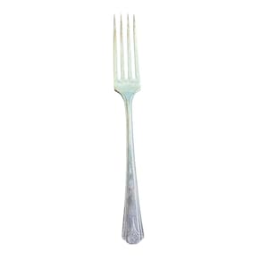 May include: A silver fork with four tines, featuring a long, slender handle. The handle has a decorative pattern near the base and a beaded design along its length. The fork is set against a white background.
