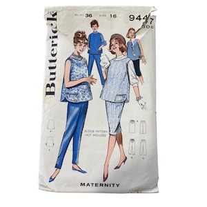 May include: Vintage Butterick maternity sewing pattern. The pattern features illustrations of women in blue outfits, including a top with pockets and pants. The package has text that reads "Blouse pattern not included" and "Maternity". The bust size is 36 and the size is 16.
