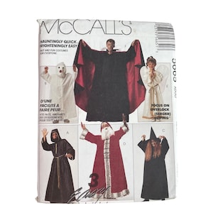 May include: A vintage McCall's sewing pattern for Halloween costumes. The pattern features designs for a vampire, angel, witch, Santa Claus, and a hooded figure. The package includes text that reads "Hauntingly Quick... Frighteningly Easy."