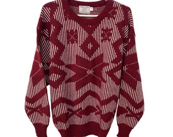 Vintage 90er Jahre College Point Pullover mit kleinen Rundhalsausschnitt Geometrische Schneeflocken Burgund