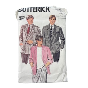 May include: A Butterick Fast & Easy sewing pattern envelope for jackets, featuring illustrations of three individuals wearing blazers. The text includes Butterick, Fast & Easy, and size L-XL with a chest measurement of 44-48 inches.