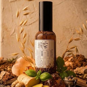 May include: A brown glass spray bottle with a black cap and a white label featuring the text RADICI, BASILICO, PATCHOULI AMORA, and INCENSO. The bottle is surrounded by fresh ginger root, green basil leaves, dried oat stalks, and amber resin pieces.