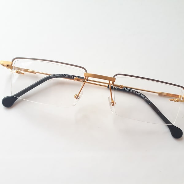 Lunettes de vue Explosiv 005 en métal de forme angulaire gris doré pour hommes, Allemagne, taille moyenne, sans monture, vintage 1990, lunettes NOS neu Brille