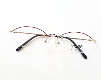 Visée Lunettes V13 oval eckig glänzend silber und rot flexible randlose Damen Metall Brille made in France Vintage 90er Jahre NOS neu Brille