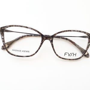 Fysh 3650 400 Eyeglasses handmade acetate big cateye black clear mixed material women glasses medium size black mesh new neu Brille