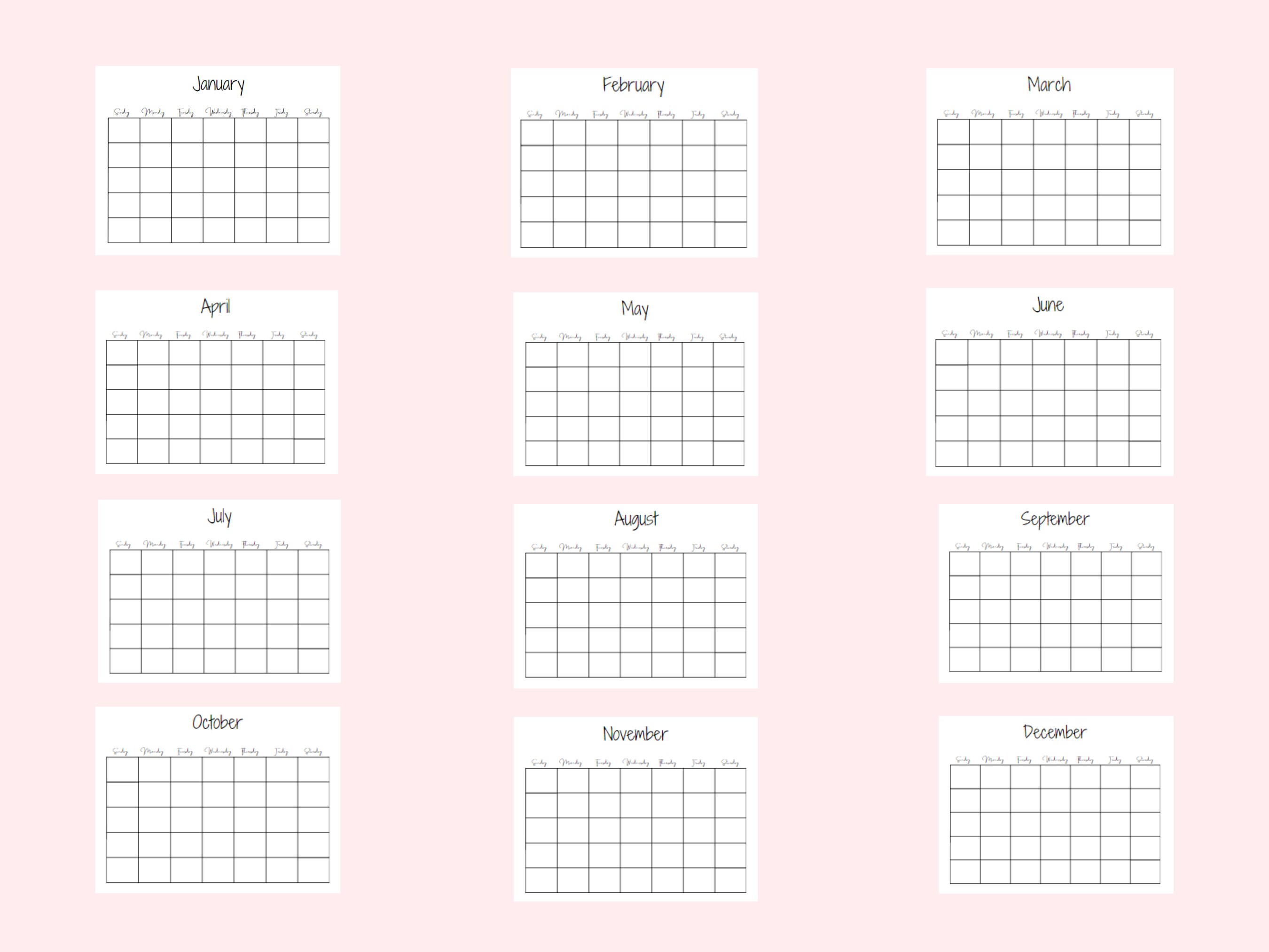monthly blank calendar simple calendar 11 x 85 inches etsy