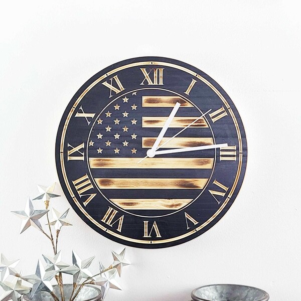 Wooden American Flag Wall Clock, Wood Flag Clock, Rustic American Flag, Handmade Gift