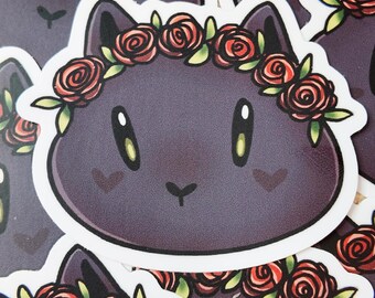 Black Cat Flower Crown Matte Vinyl Sticker (3'' x 2.52'')