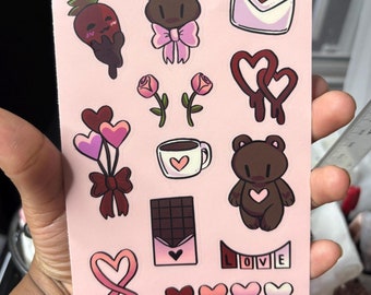 Valentine's Day Sticker Sheet (4x6) – Hearts, Bears, Chocolate, Love Icons
