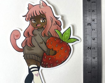 Cute Strawberry Girl Vinyl Sticker (4x3 in)