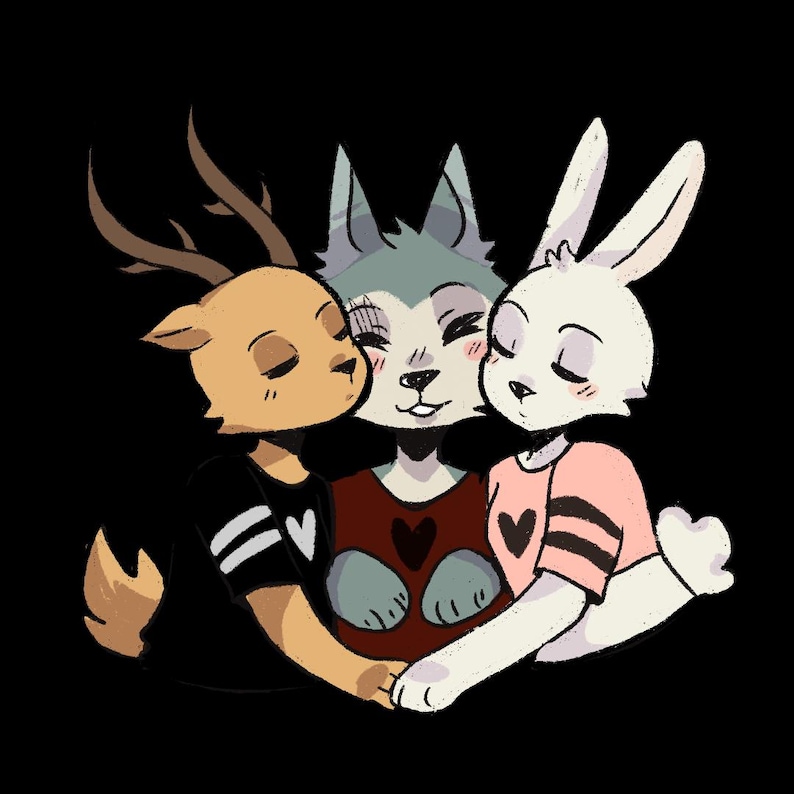 Puede incluir: Una ilustraci&oacute;n de dibujos animados de tres amigos animales abraz&aacute;ndose. Un ciervo con cuernos marrones y una camisa a rayas blancas y negras, un lobo con pelaje gris y una camisa roja, y un conejo blanco con una camisa rosa y rayas negras.