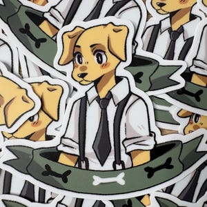 May include: A sticker featuring a cartoon dog character with yellow fur, wearing a white shirt, black tie, and suspenders. The dog is set against a green banner with bone graphics.