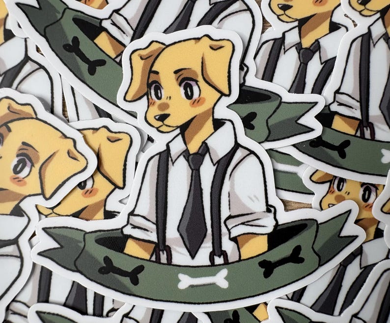 May include: A sticker featuring a cartoon dog character with yellow fur, wearing a white shirt, black tie, and suspenders. The dog is set against a green banner with bone graphics.