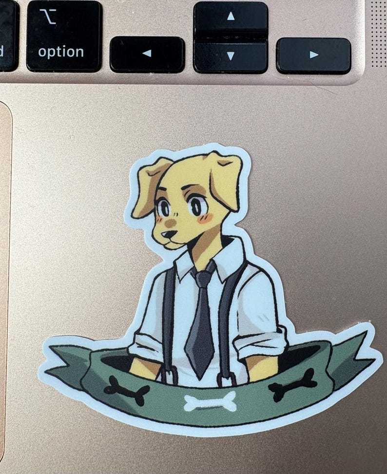 May include: A sticker featuring a cartoon dog character with yellow fur, wearing a white shirt, black tie, and suspenders. The dog is set against a green banner with bone illustrations.