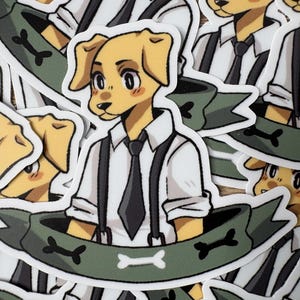 May include: A collection of stickers featuring a cartoon dog character in a white shirt, black tie, and suspenders. The dog is light yellow with a friendly expression. A green banner with bone shapes is below the dog.