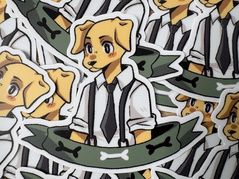 May include: A collection of stickers featuring a cartoon dog character in a white shirt, black tie, and suspenders. The dog is light yellow with a friendly expression. A green banner with bone shapes is below the dog.