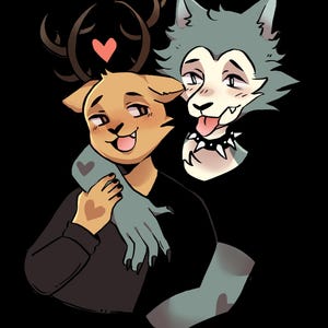 Puede incluir: Una ilustraci&oacute;n de dibujos animados de un lobo y un ciervo abraz&aacute;ndose. El lobo es azul gris&aacute;ceo con un collar negro tachonado y el ciervo es marr&oacute;n con cuernos. Hay corazones sobre sus cabezas.