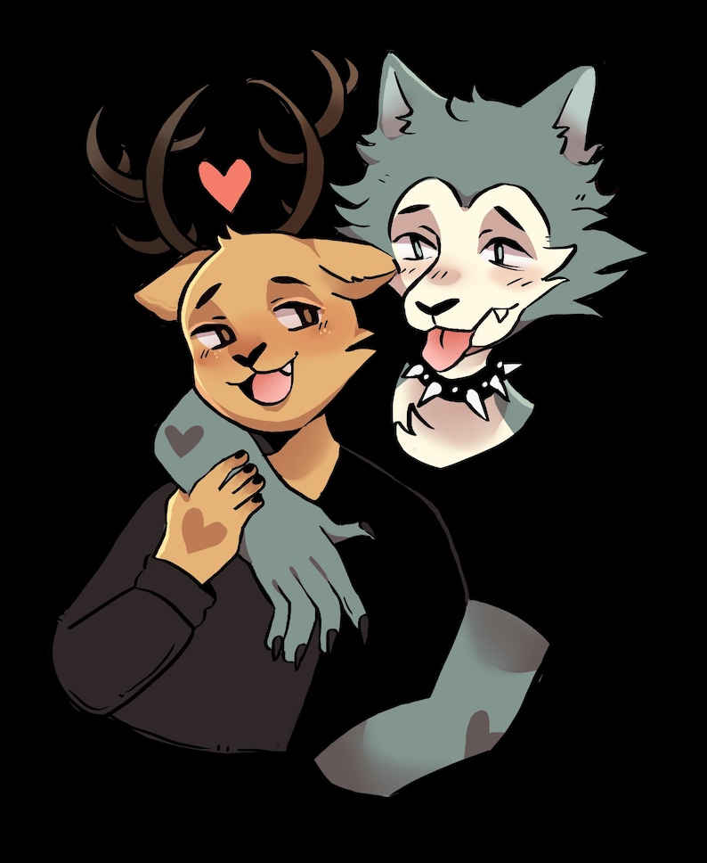 Puede incluir: Una ilustraci&oacute;n de dibujos animados de un lobo y un ciervo abraz&aacute;ndose. El lobo es azul gris&aacute;ceo con un collar negro tachonado y el ciervo es marr&oacute;n con cuernos. Hay corazones sobre sus cabezas.