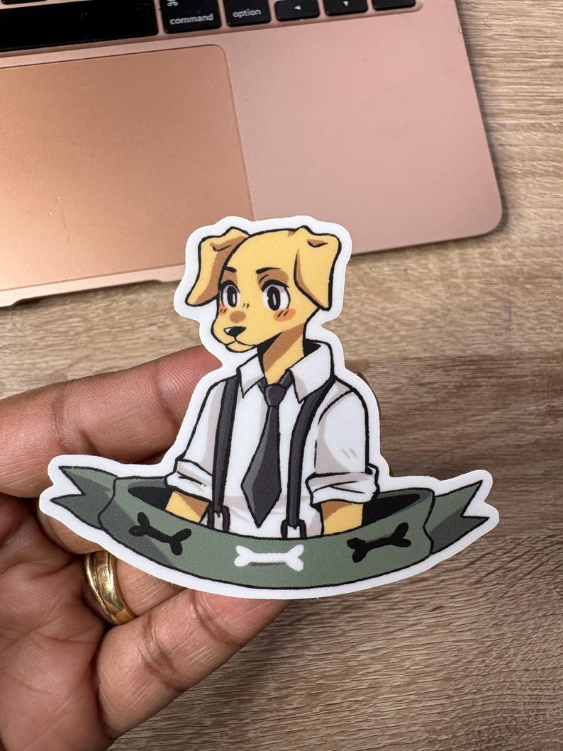 May include: A sticker featuring a cartoon dog character with yellow fur, wearing a white shirt, black tie, and suspenders. The dog is set against a green banner with bone graphics.