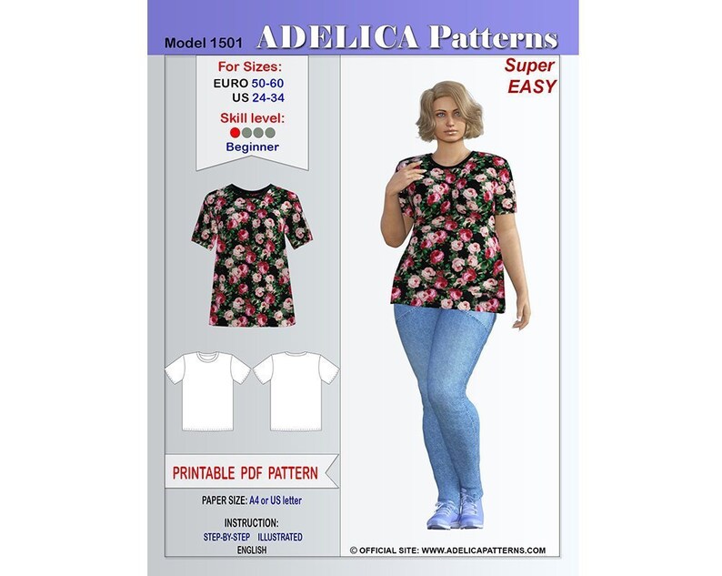 Plus size Jersey T-Shirt Sewing Pattern PDF Women's sizes | Etsy