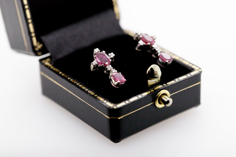 Vintage Palladium and white gold earrings old cut Rubies and Diamonds 18ct C1940s-50s image 3