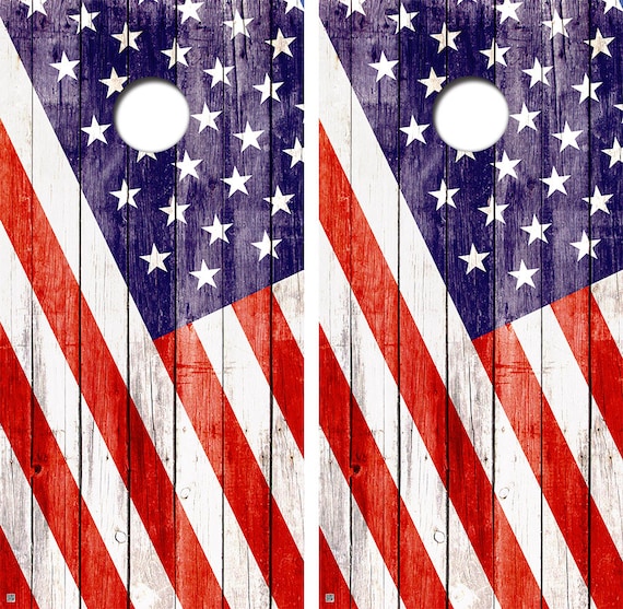 LAMINATED American Flag Vintage look Cornhole Board Skin Wrap Decal Set Vinyl