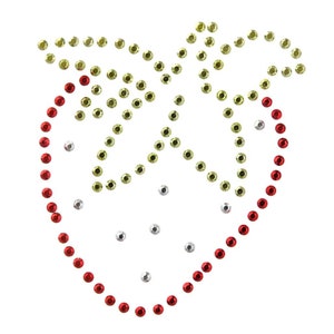 May include: A red and gold rhinestone strawberry design. The strawberry is outlined in red rhinestones and the leaves are made of gold rhinestones.