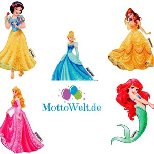 Pode incluir: Cinco patches de personagens de princesas Disney para passar a ferro. Os patches representam Branca de Neve, Cinderela, Bela, Ariel e Aurora. Cada patch tem um logotipo da Disney.