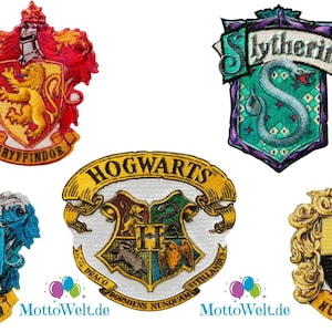 May include: Five embroidered patches featuring the Hogwarts house crests: Gryffindor, Slytherin, Ravenclaw, Hufflepuff, and the Hogwarts crest. Each patch features a different animal, color scheme, and motto.