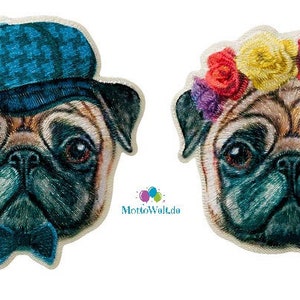 May include: Two embroidered pug dog patches. One pug is wearing a blue and white patterned hat and a blue bow tie. The other pug is wearing a colorful flower crown.