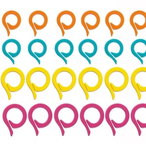 May include: A set of 20 colourful split ring markers for knitting and crocheting. The markers are in four colours: orange, teal, yellow, and pink. The markers are labelled with the number 60638.