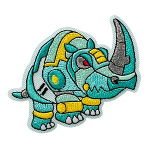 May include: Embroidered patch of a teal and yellow robot rhinoceros with a gray horn. The robot has red eyes and a detailed design.