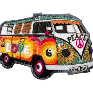 May include: A colorful embroidered patch of a vintage Volkswagen van with the words "Love" and "Peace" on the side. The van has a peace sign, flowers, and a sunflower on the side. The license plate reads "Love Bus!"