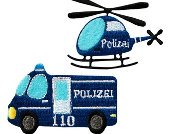 Mono Quick 12091 Polizei 2er Set Hubschrauber Fahrzeug Applikation, Bügelbild, Patch, Aufnäher