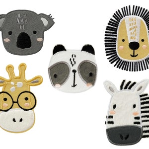 May include: Five embroidered iron-on patches featuring animal faces. The patches are in black, white, and yellow with black outlines. The animals are a koala, a lion, a panda, a giraffe, and a zebra.