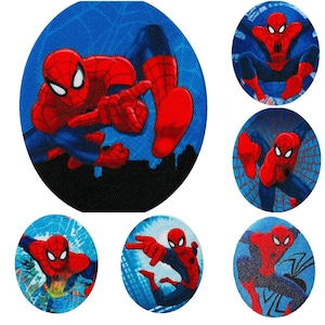 May include: Six round stickers featuring different images of Spiderman in various poses. The stickers have a blue background with Spiderman in red and blue.