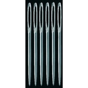May include: Six silver needles with eye holes at the top. The needles are arranged vertically in a row.