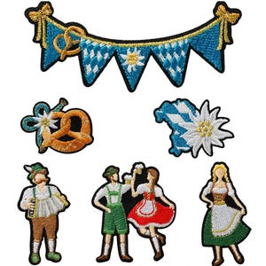 May include: A set of embroidered iron-on patches featuring a Bavarian theme. The patches include a pretzel, a traditional German flag, a banner with a Bavarian pattern, and two couples in traditional German clothing.