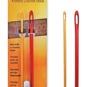 May include: A set of two red and gold crochet hooks, labeled "The Knook Knitters Crochet Hook" with sizes 4 mm and 6 mm.